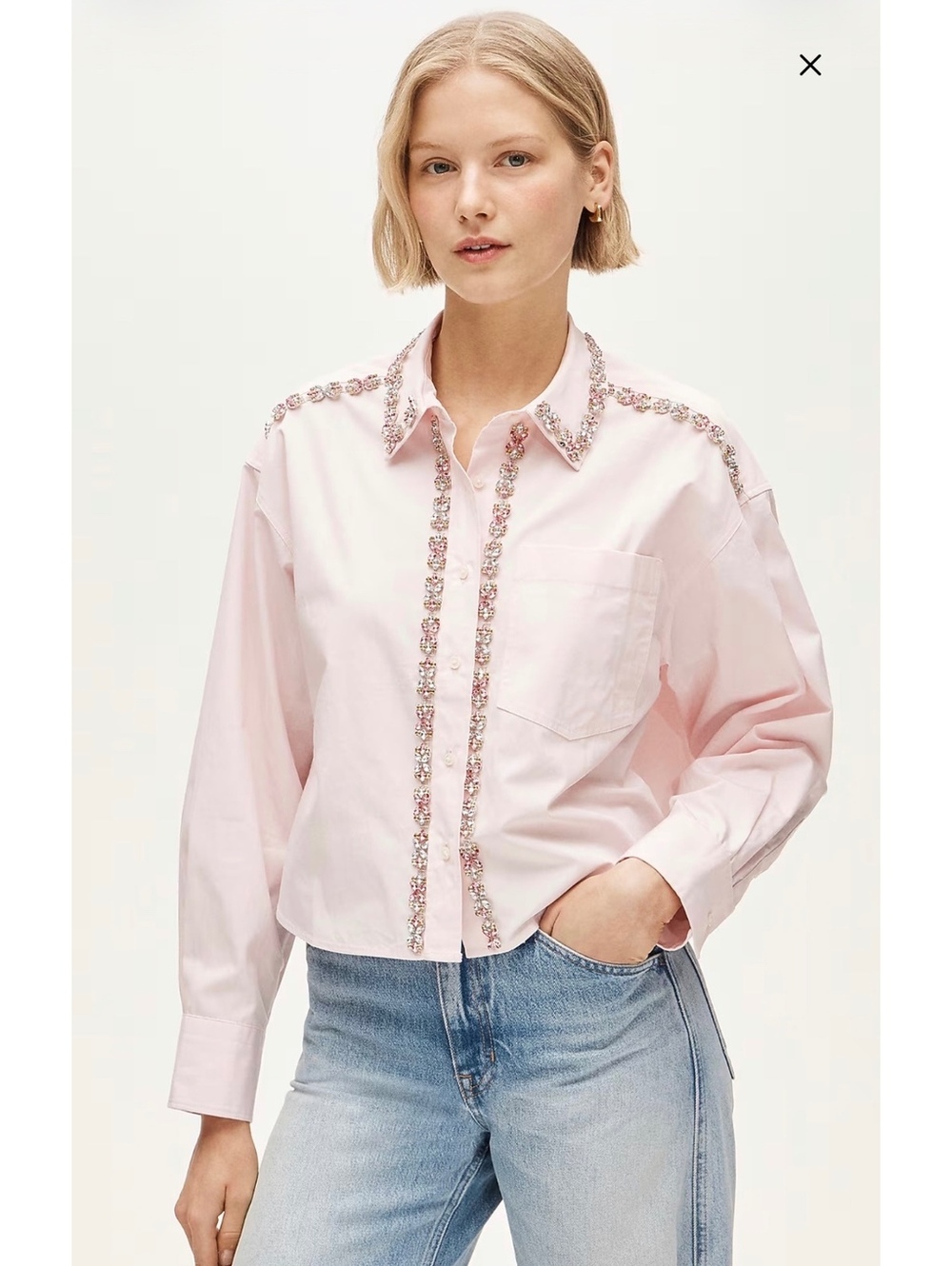 J.Crew Étienne Cropped Embellished Button-Up Shirt Pink Crystal Trim Size L NWT